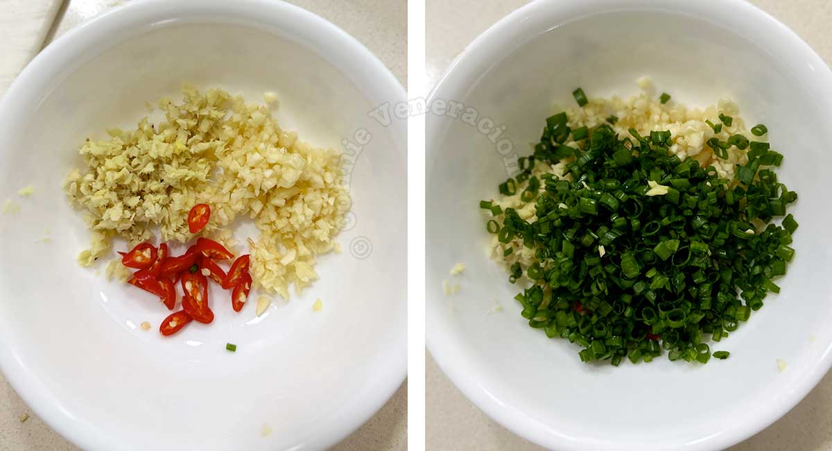 Chopped ginger, garlic, chili and scallions in bowl