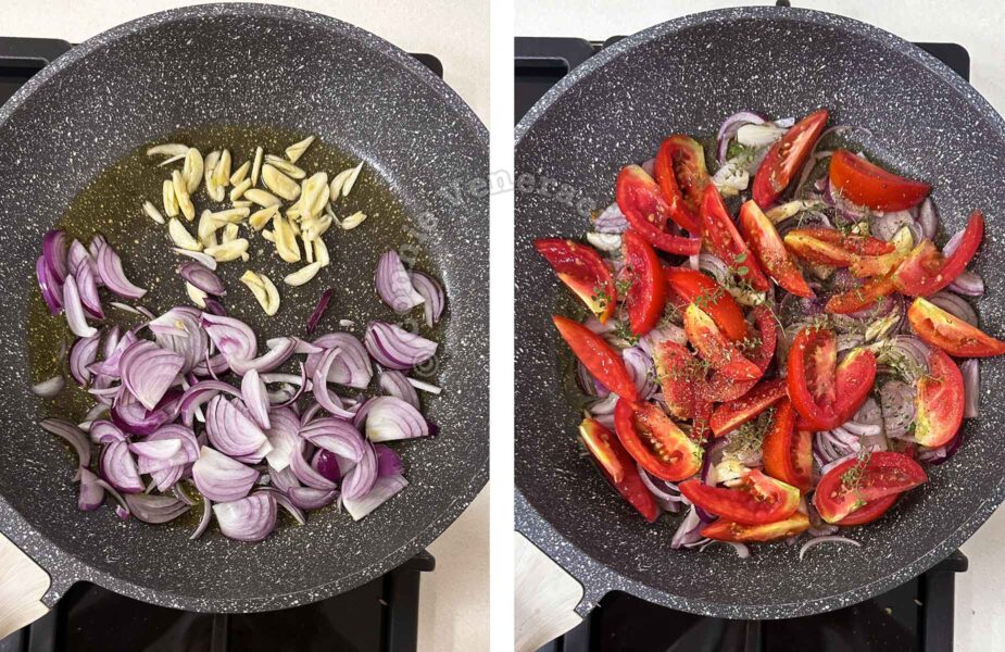 Sauteeing onion, garlic, tomatoes and thyme