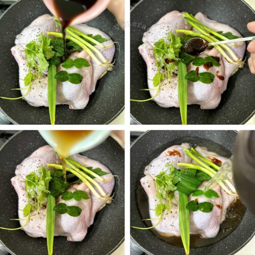 Adding seasonings to chicken and herbs in pan