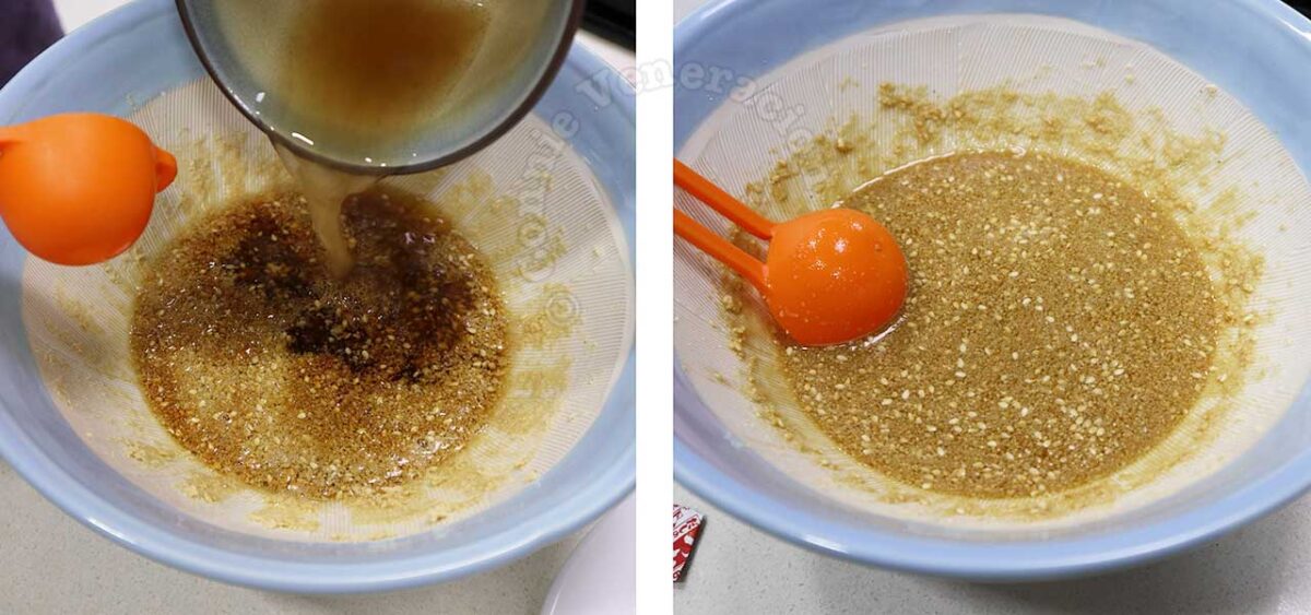 Adding dashi, vinegar, mirin, soy sauce and sugar to ground sesame seeds