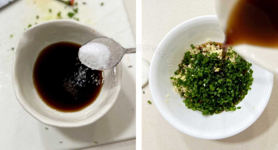Making dipping sauce for lemongrass pandan chicken