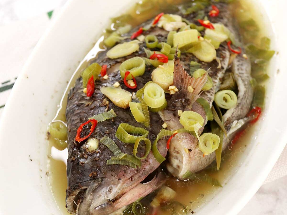 Steamed whole tilapia with ginger, chilies and scallions