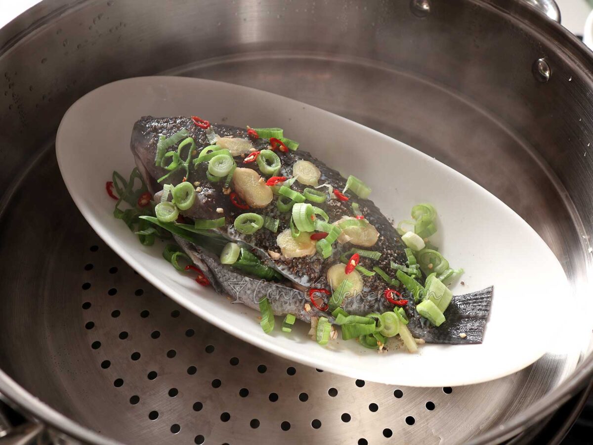 Whole tilapia in steamer