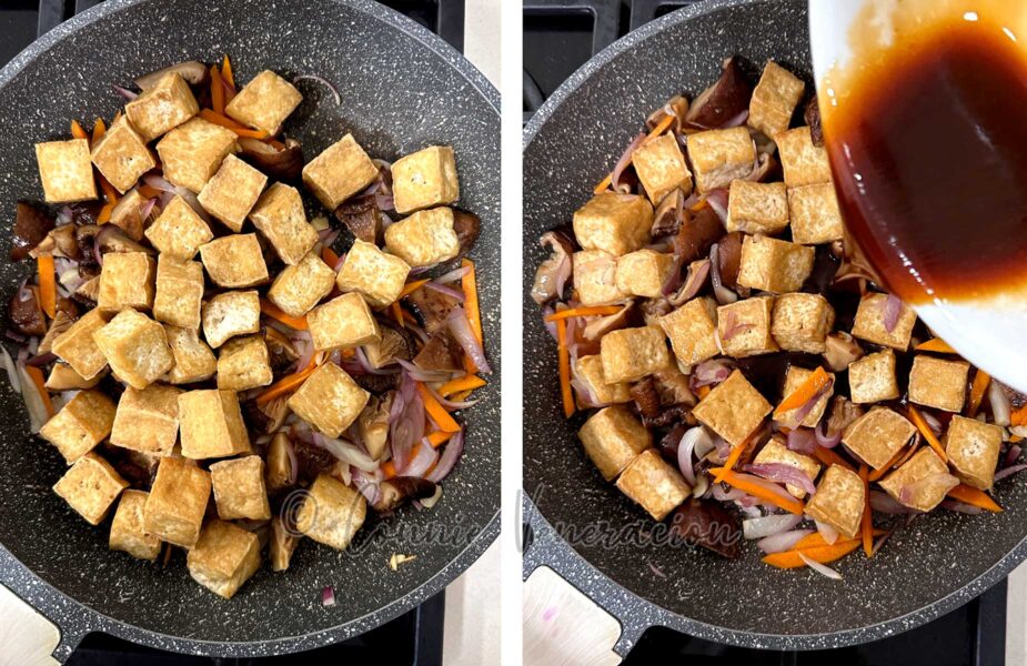Braising tofu and shiitake in soy ginger sauce
