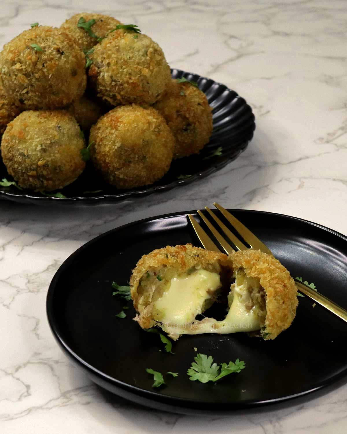 Cheese-stuffed tuna and potato balls