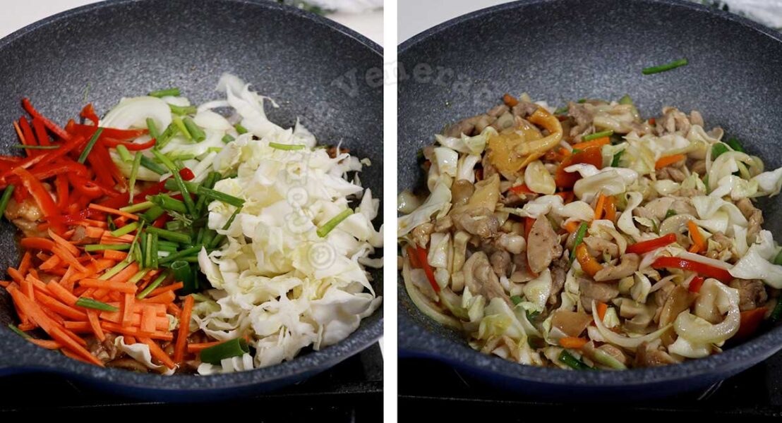 Stir frying chicken and vegetables