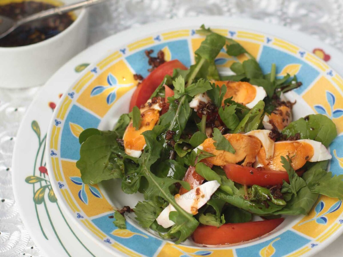 Arugula, tomato and salted duck egg salad with ginger vingaigrette