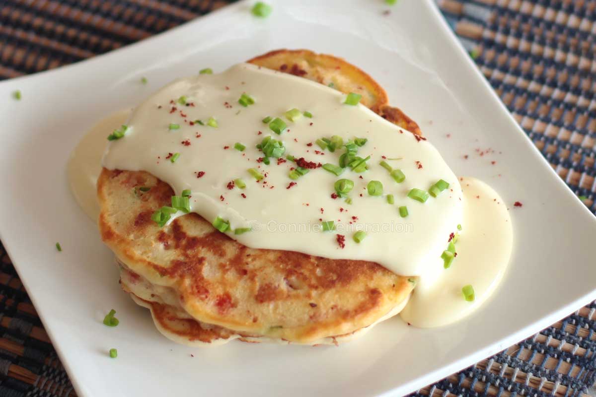 Bacon pancakes with cheese sauce