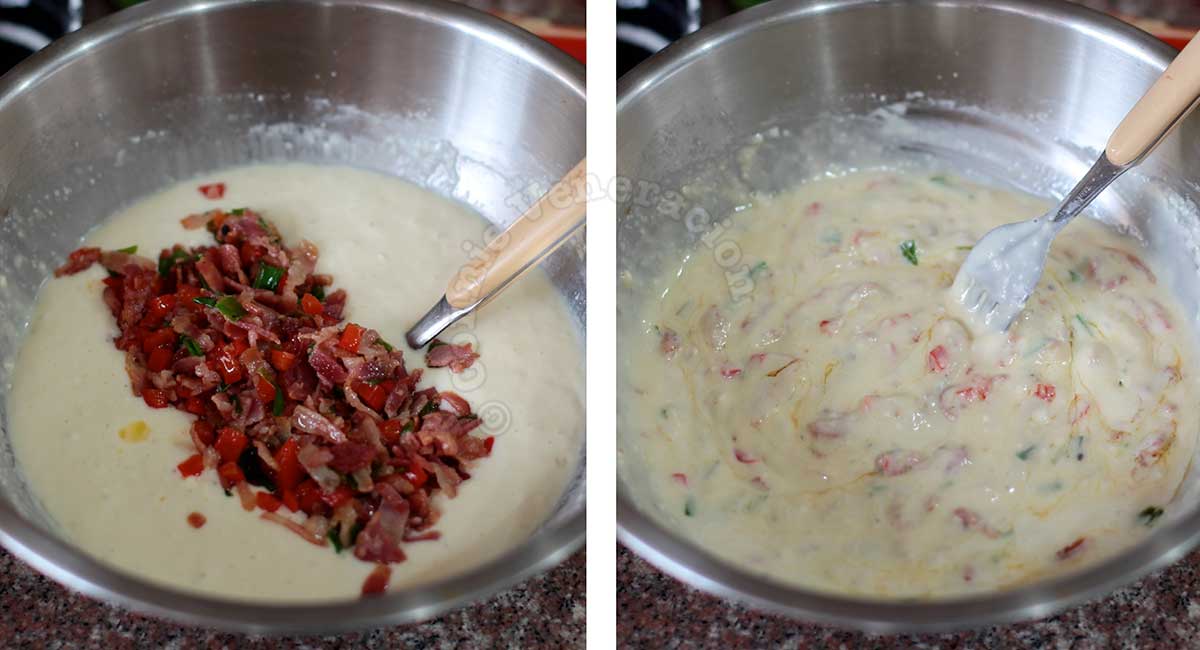 Stirring bacon and bell peppers into pancake batter