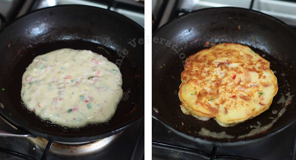 Cooking pancakes with bacon and bell peppers