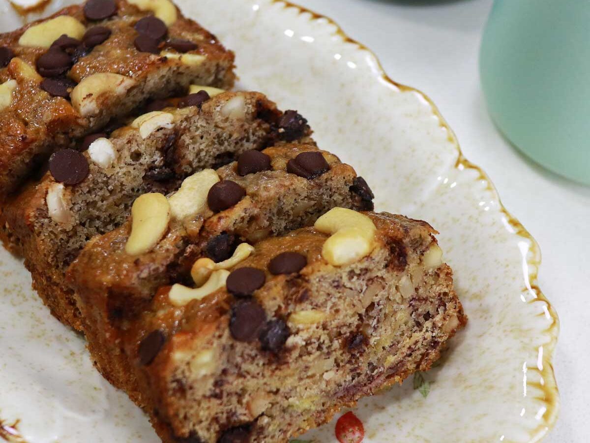 Banana bread with chocolate chips and nuts
