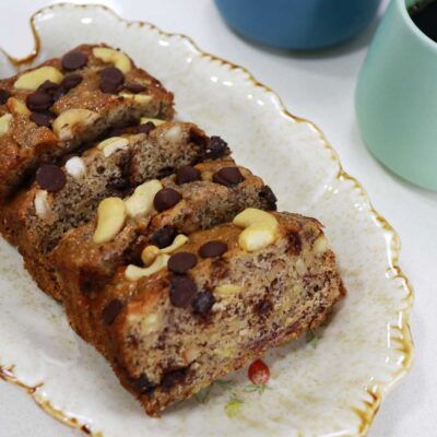 Banana bread with chocolate chips and nuts