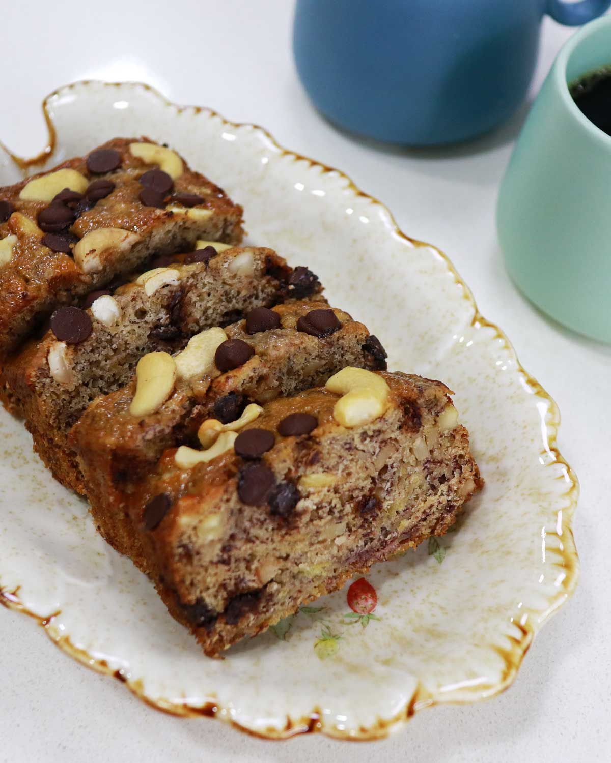 Banana bread with chocolate chips and nuts