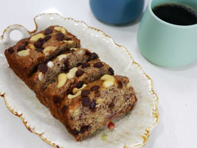 Banana bread with chocolate chips and nuts