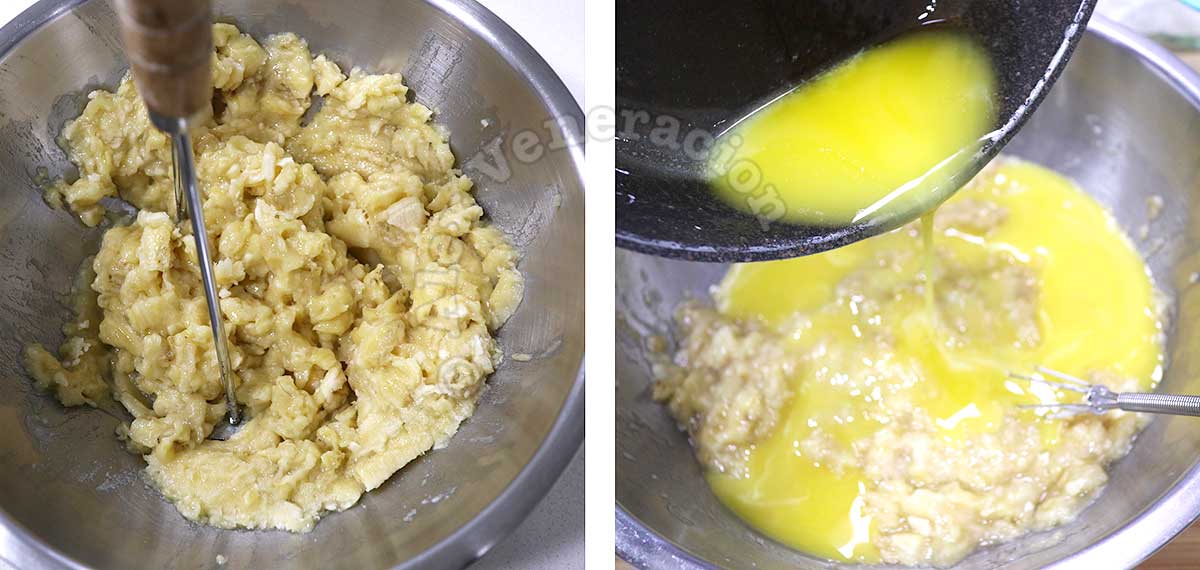 Mashing overripe bananas and adding melted butter