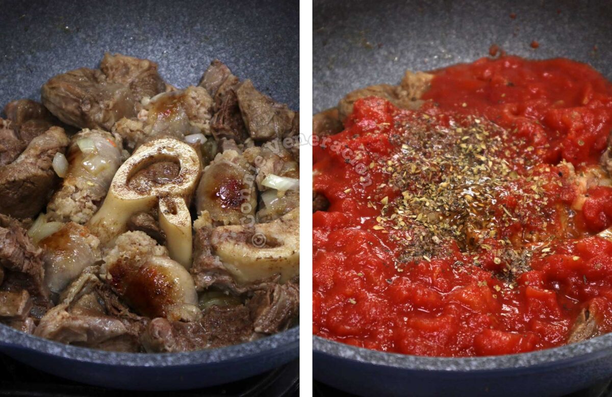 Adding beef to browned sausages before pouring in crushed tomatoes and oregano