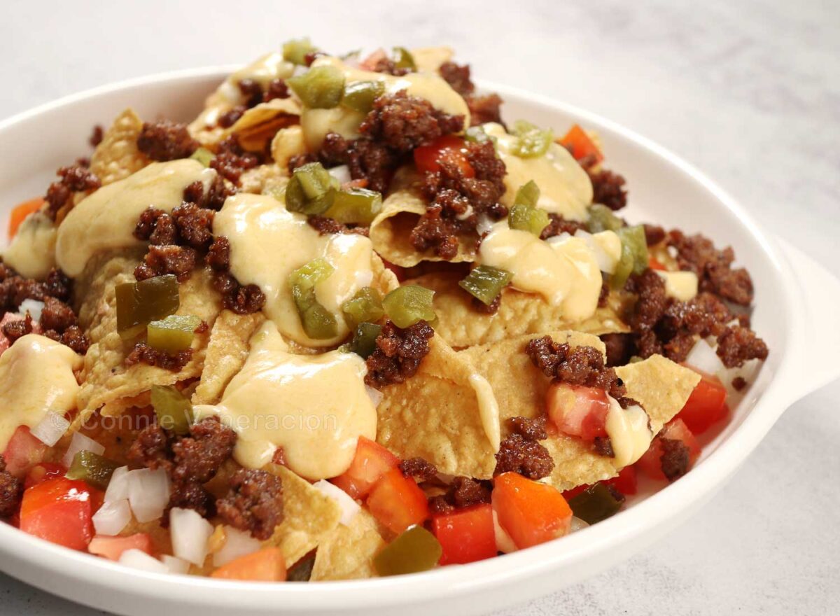 Spicy beef nachos with cheese sauce