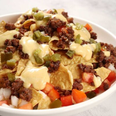 Spicy beef nachos with cheese sauce