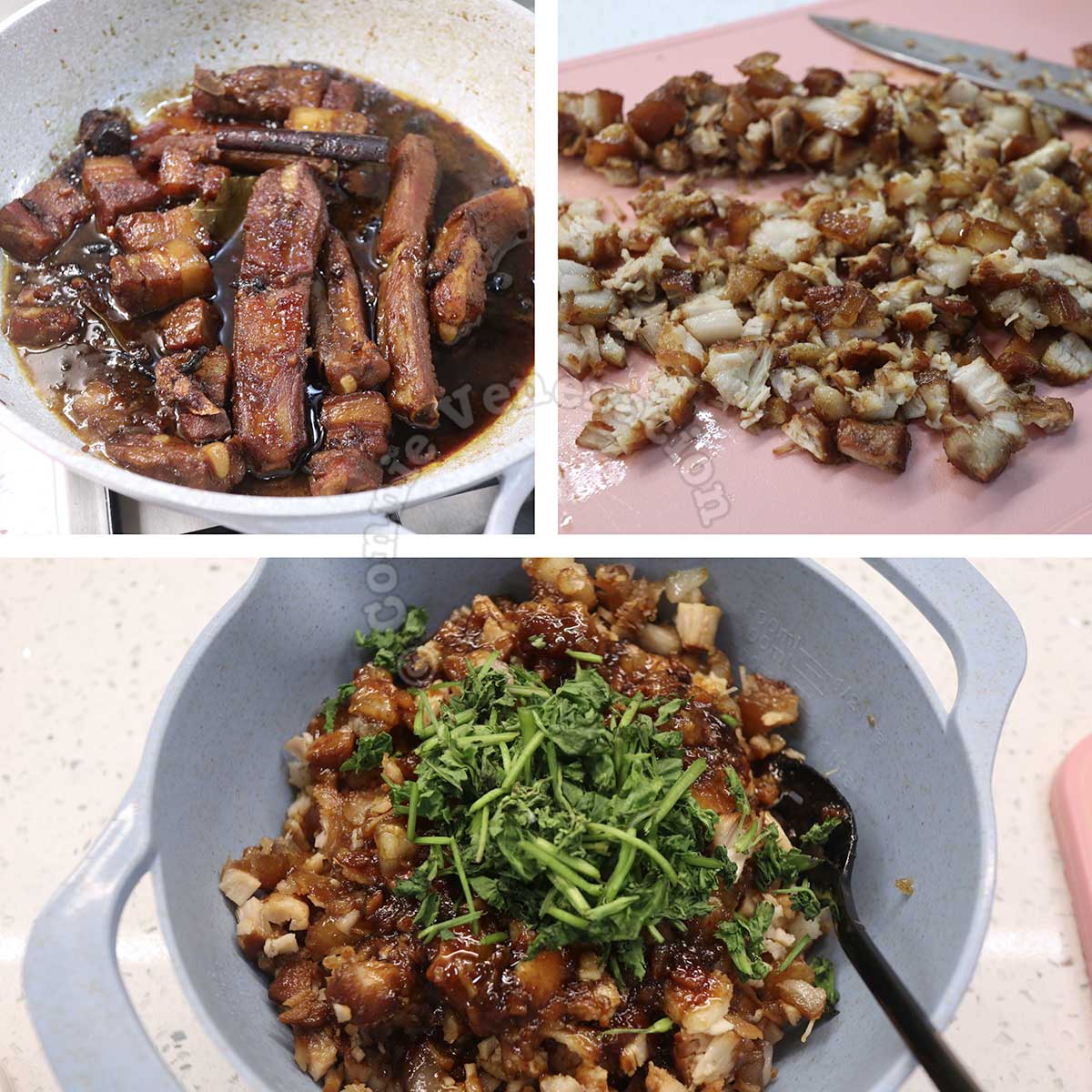 Mixing chopped braised pork belly with cilantro