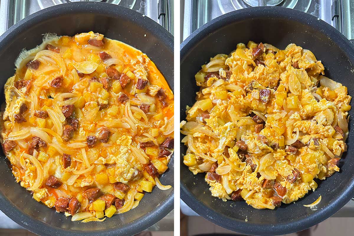 Adding eggs to potatos, sausages and onions in pan