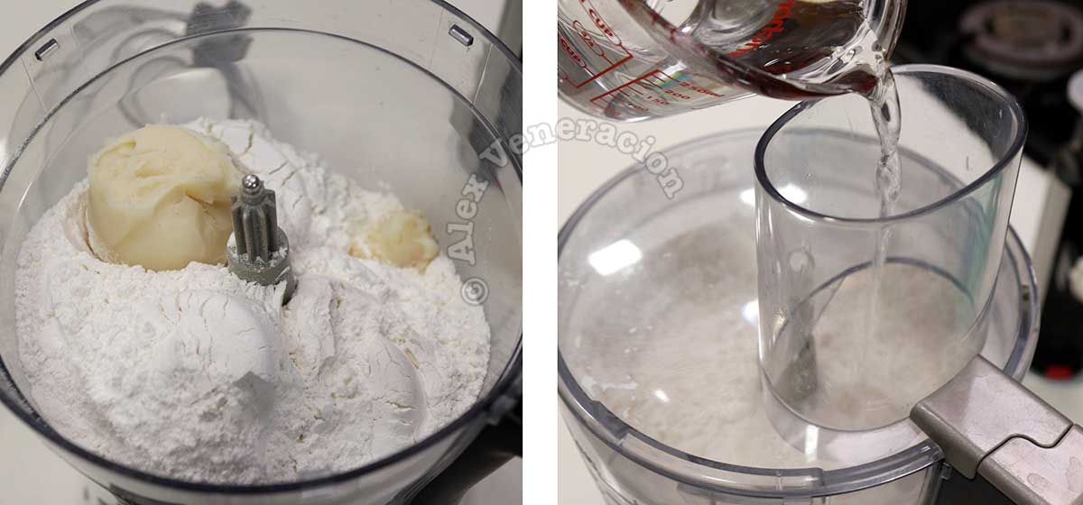Adding lard and salty warm water to flour to make empanada dough
