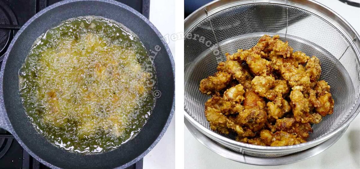 Frying marinated chicken fillets
