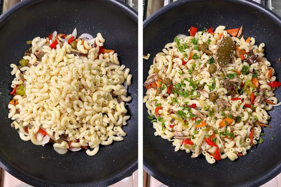 Tossing in cooked macaroni to sauteed vegetables and tinapa