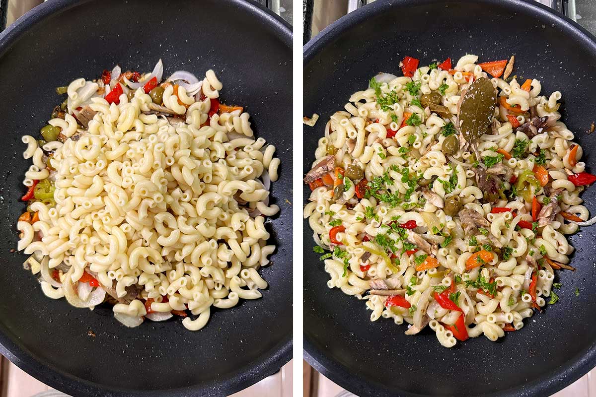 Tossing in cooked macaroni to sauteed vegetables and tinapa