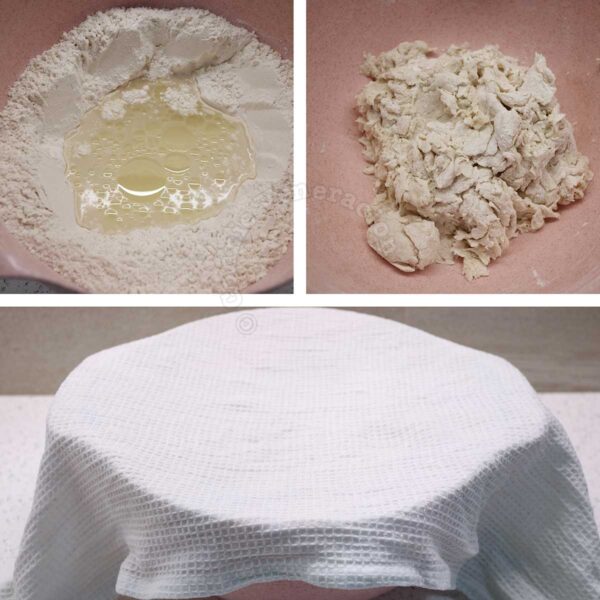 Mixing water, yeast, oil and salt to make a dough