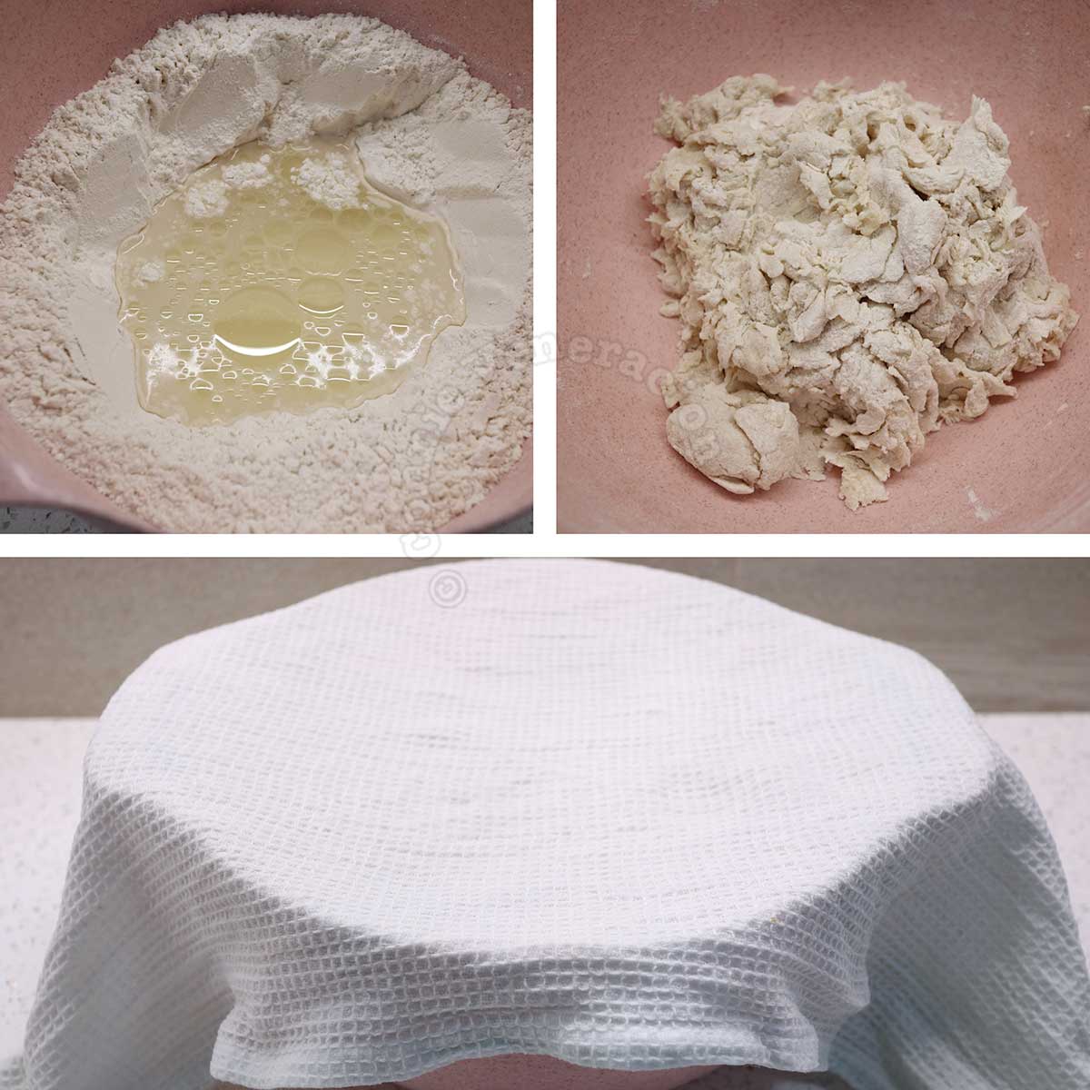 Mixing water, yeast, oil and salt to make a dough