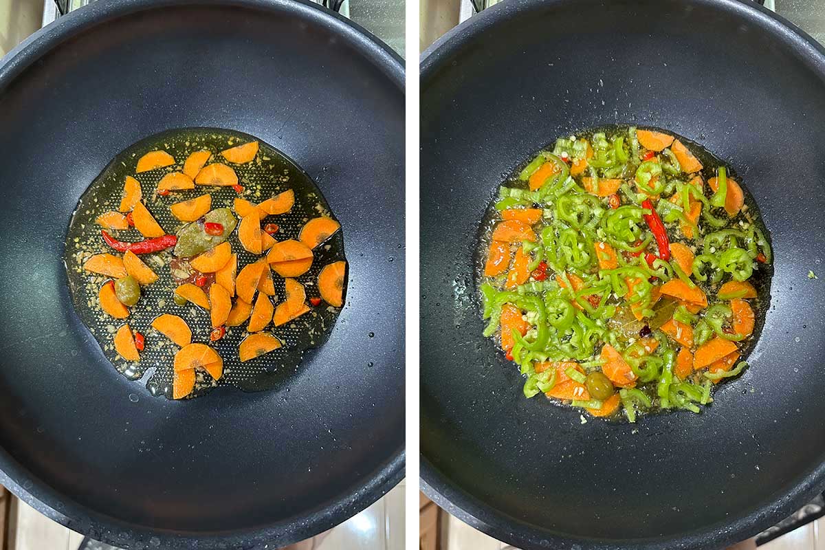 Sauteeing vegetables in spicy olive oil