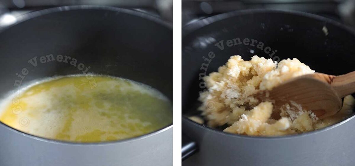 Mixing butter, water and flour to make choux pastry