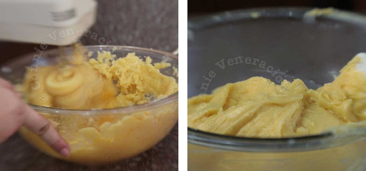 Adding eggs to choux pastry