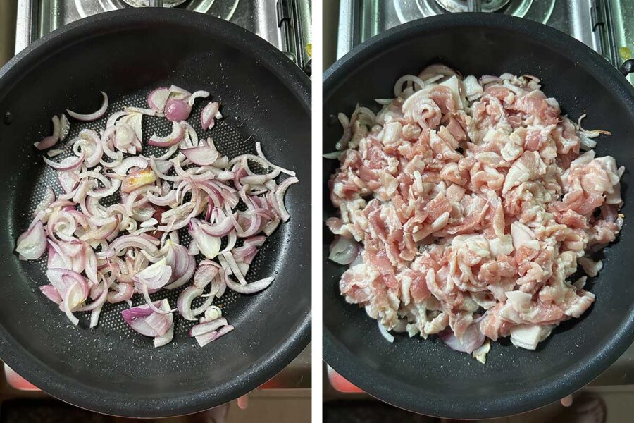 SAuteeing sliced onions and adding thinly sliced pork