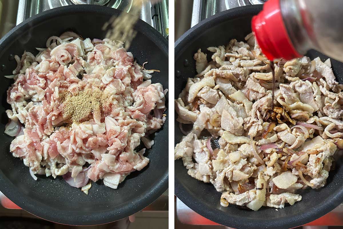 Adding dashi granules and soy sauce to pork and onion in pan