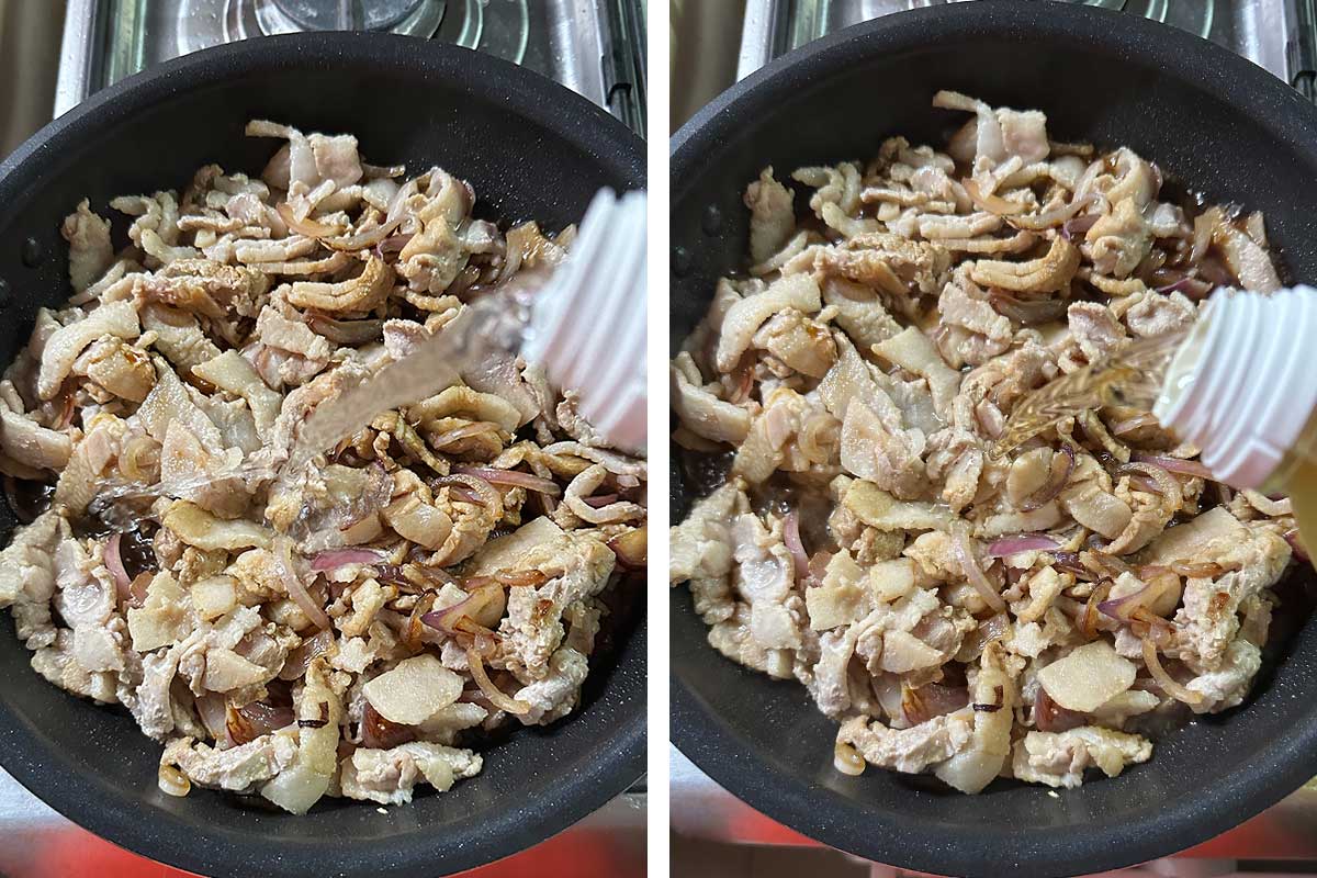 Adding sake and mirin to pork and onion in pan