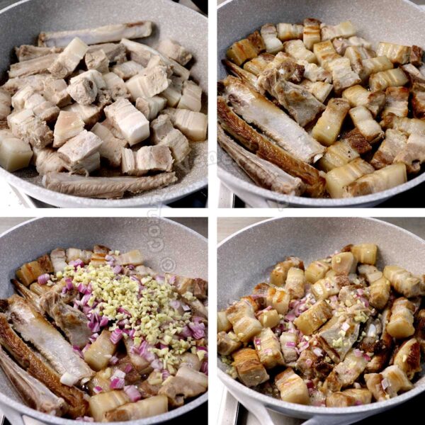 Sauteeing parboiled pork with shallot and ginger