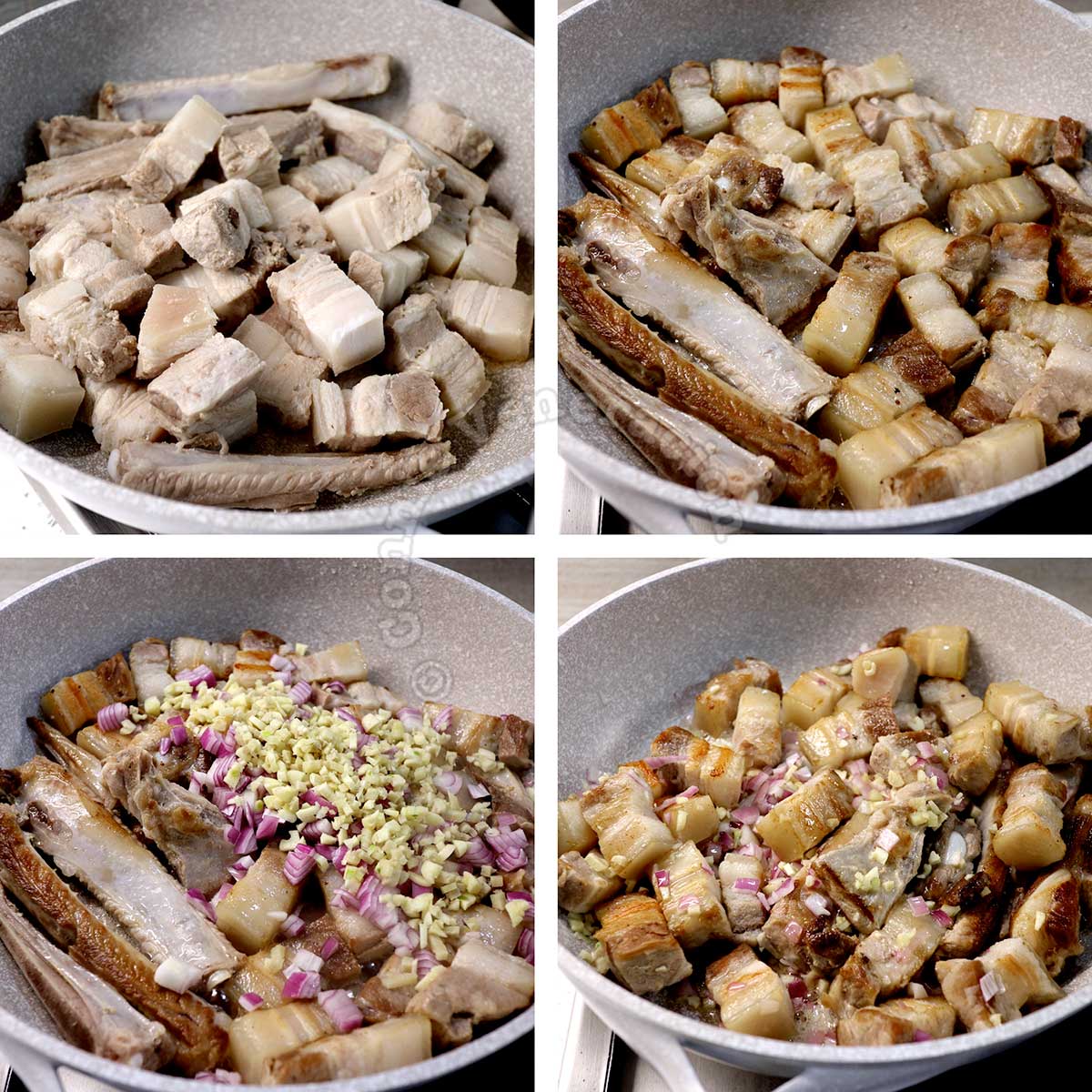 Sauteeing parboiled pork with shallot and ginger