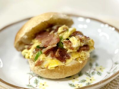 Scrambled eggs and bacon breakfast sandwich