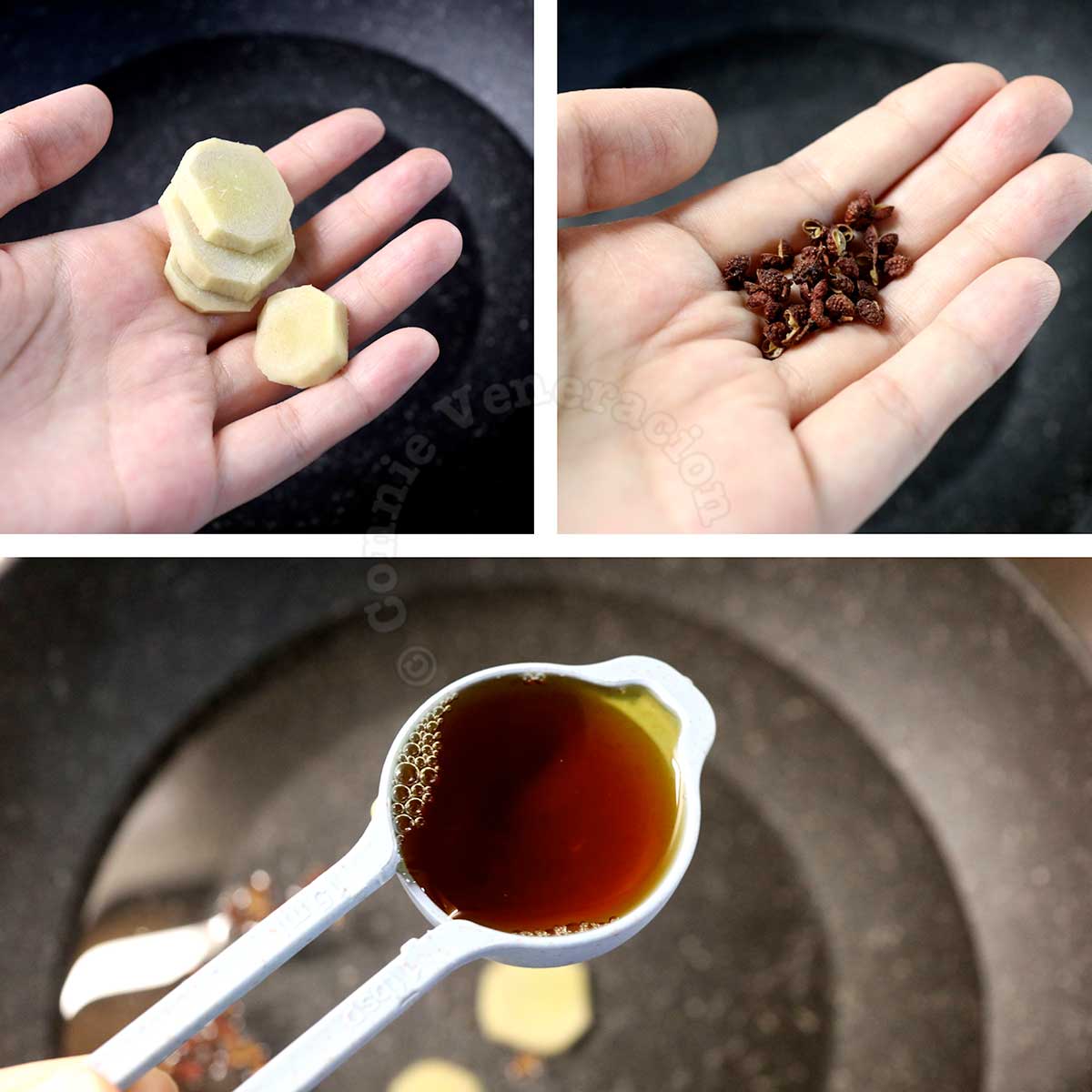 Adding ginger, Sichuan peppercorns and Shao Xing wine to water for parboiling pork belly