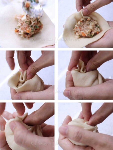 Stuffing flattened dough with pork filling
