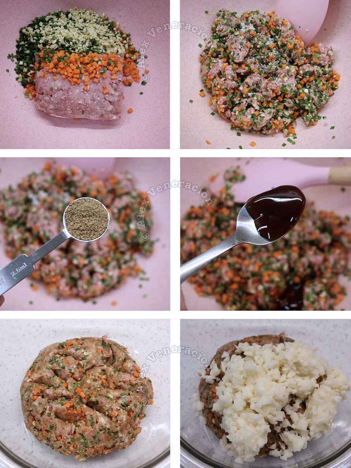 Mixing filling for home cooked Chinese steamed pork buns (baozi)