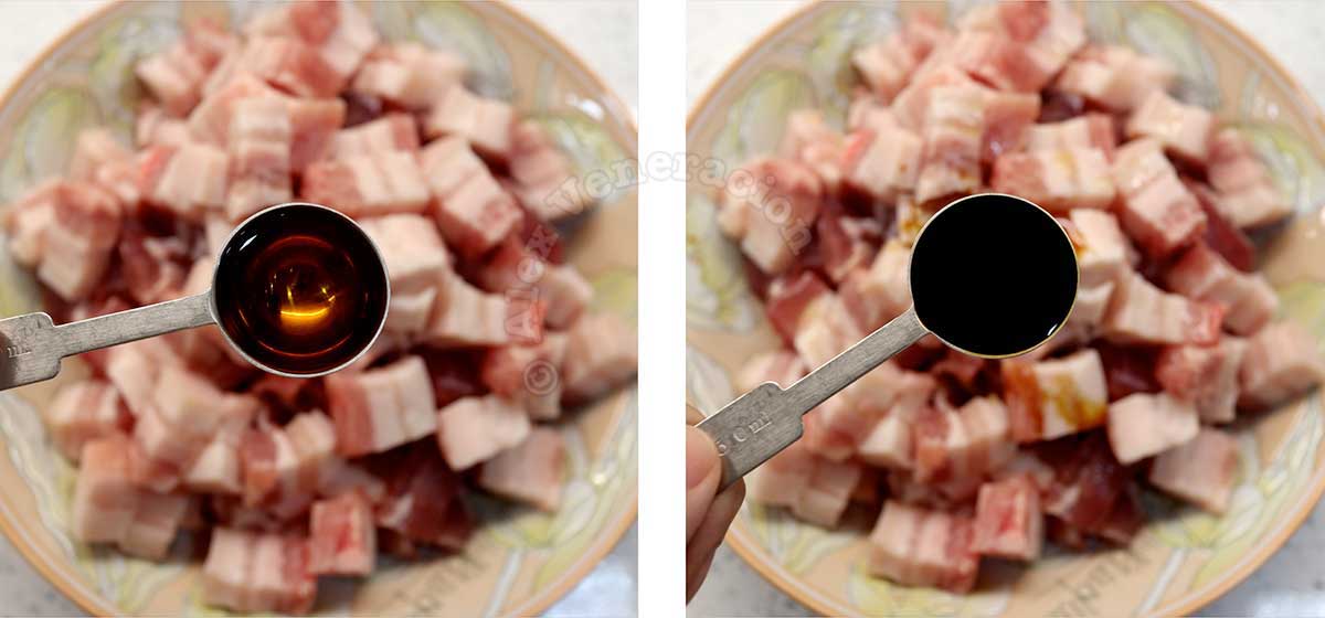 Adding Shao Xing wine and soy sauce to pork