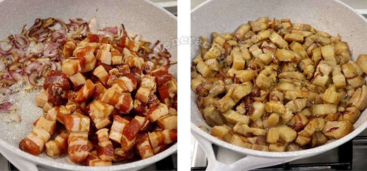 Browning marinated pork in wok