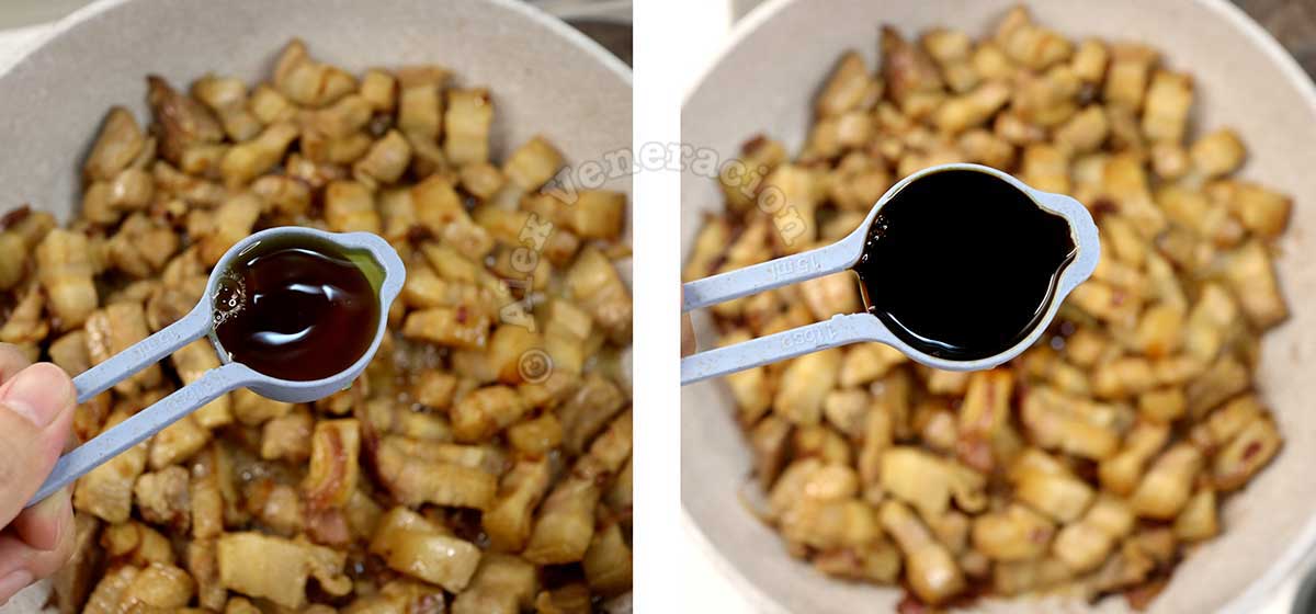 Adding Shao Xing wine and soy sauce to pork