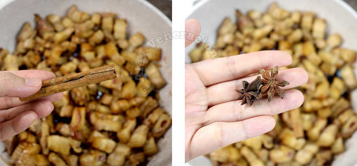 Adding cinnamon stick and star anise to pork in pot