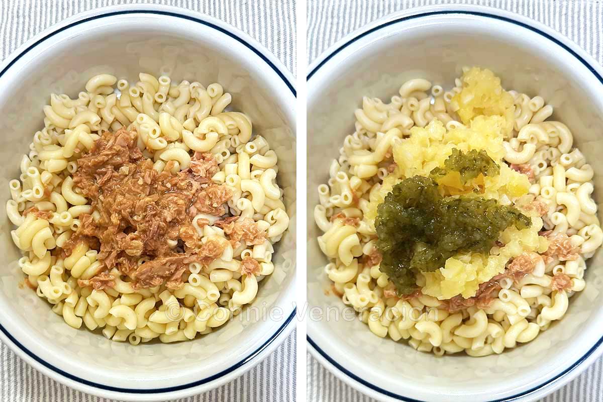 Macaroni, drained canned tuna, chopped pineapple and pickle relish in bowl
