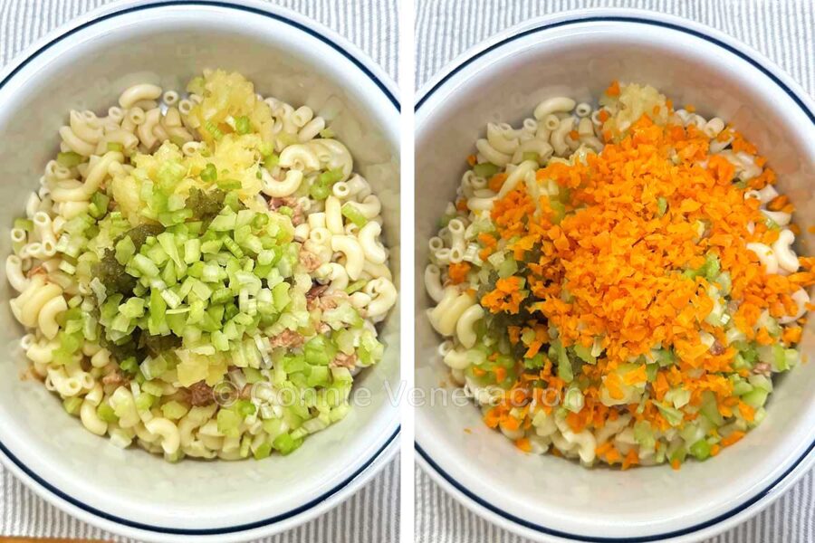 Macaroni, drained canned tuna, chopped pineapple, pickle relish, celery and carrot in bowl