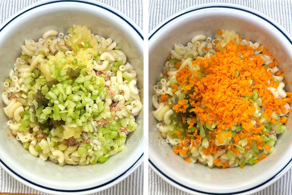 Macaroni, drained canned tuna, chopped pineapple, pickle relish, celery and carrot in bowl