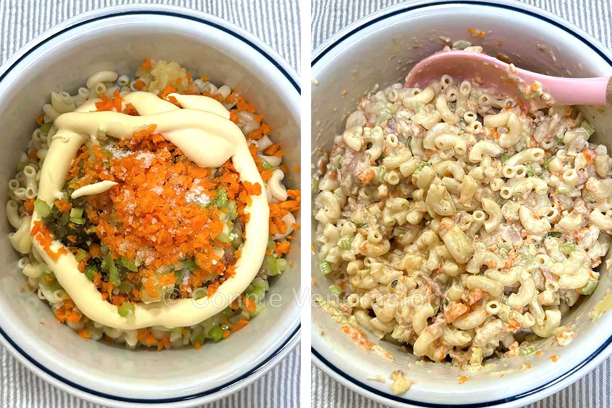 Adding Japanese mayo to macaroni, drained canned tuna, chopped pineapple, pickle relish, celery and carrot in bowl